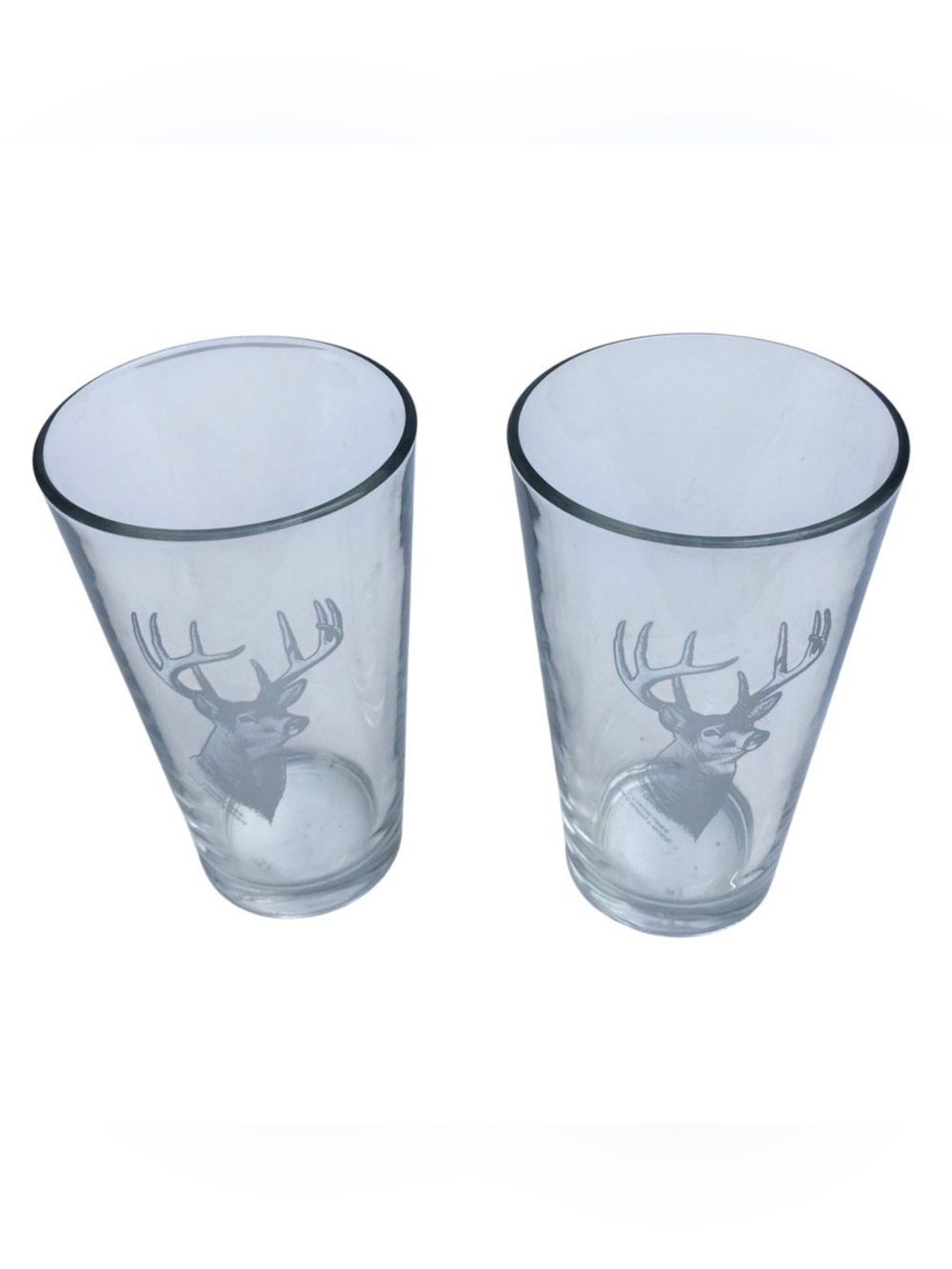 2 etched Drinking glasses Buck Deer head with antlers Clear Glass hunter gift